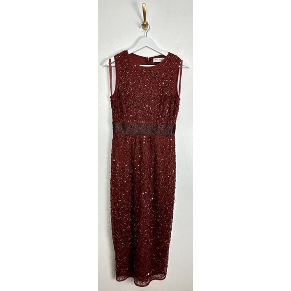 MAC DUGGAL Geometric Beaded Midi Cocktail Dress in Brick Size US 4 - Picture 3 of 10